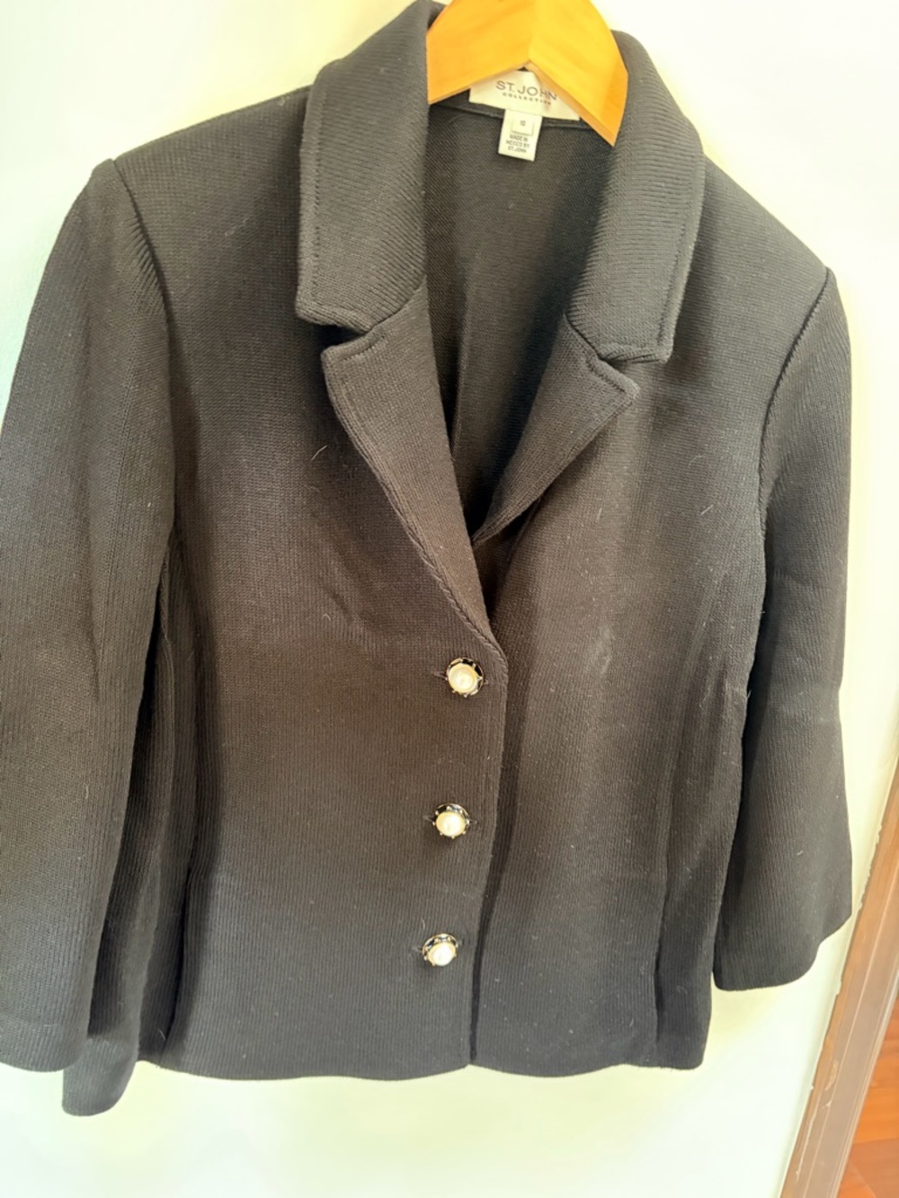 St. John Black Knit Collection Blazer with Pearl & Gold Buttons